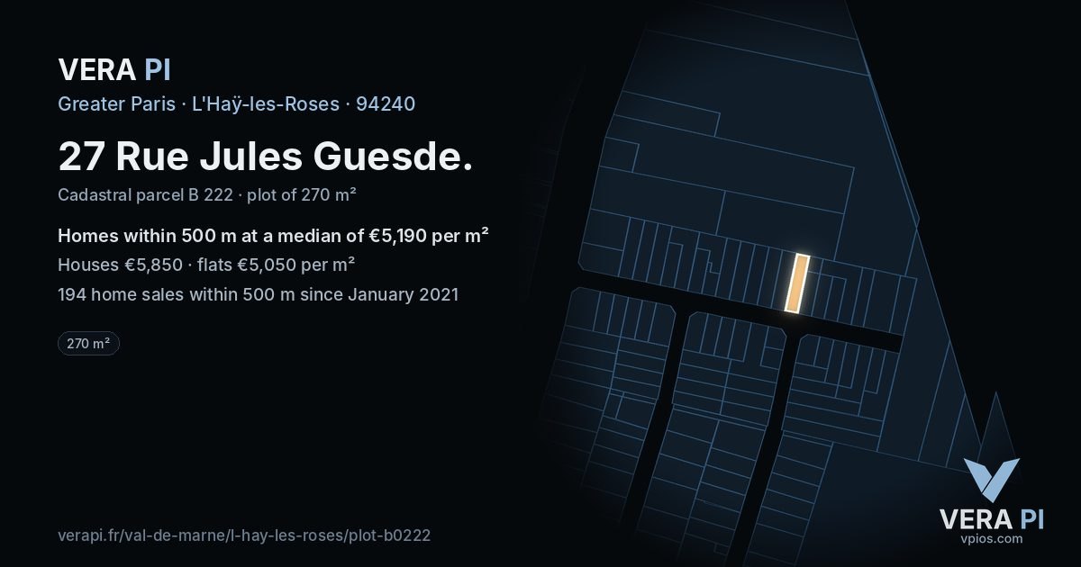 27 Rue Jules Guesde, L'Haÿ-les-Roses at night – the plot lit, the parcels around coloured by the prices near them