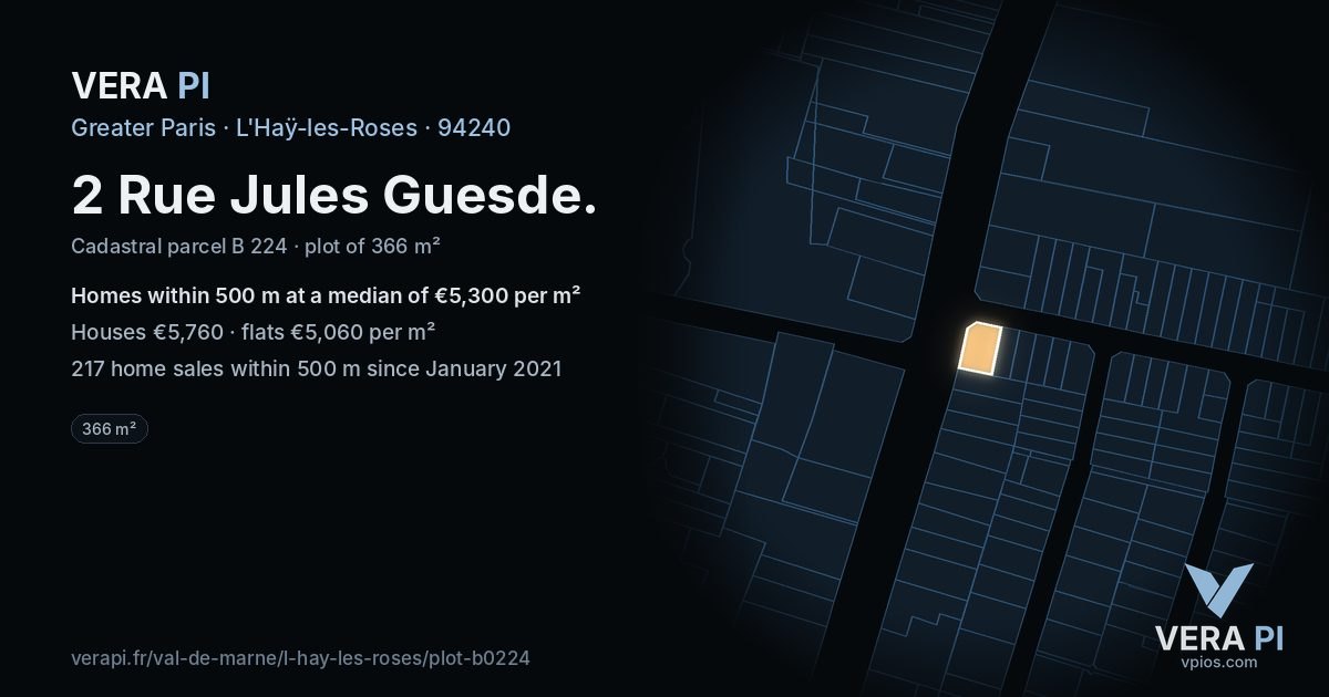 2 Rue Jules Guesde, L'Haÿ-les-Roses at night – the plot lit, the parcels around coloured by the prices near them