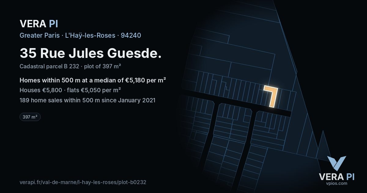 35 Rue Jules Guesde, L'Haÿ-les-Roses at night – the plot lit, the parcels around coloured by the prices near them