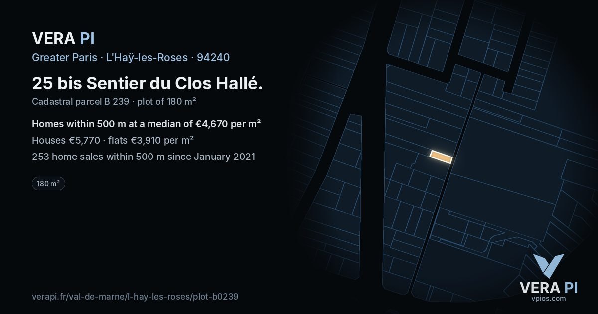 25 bis Sentier du Clos Hallé, L'Haÿ-les-Roses at night – the plot lit, the parcels around coloured by the prices near them