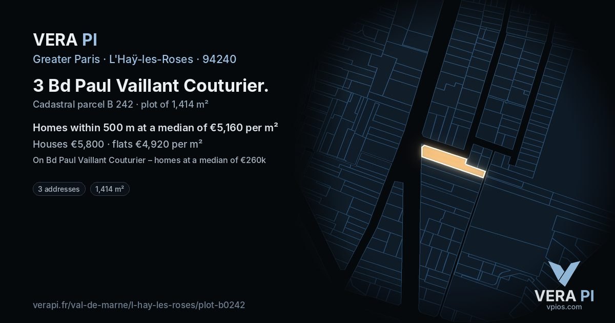 3 Bd Paul Vaillant Couturier, L'Haÿ-les-Roses at night – the plot lit, the parcels around coloured by the prices near them