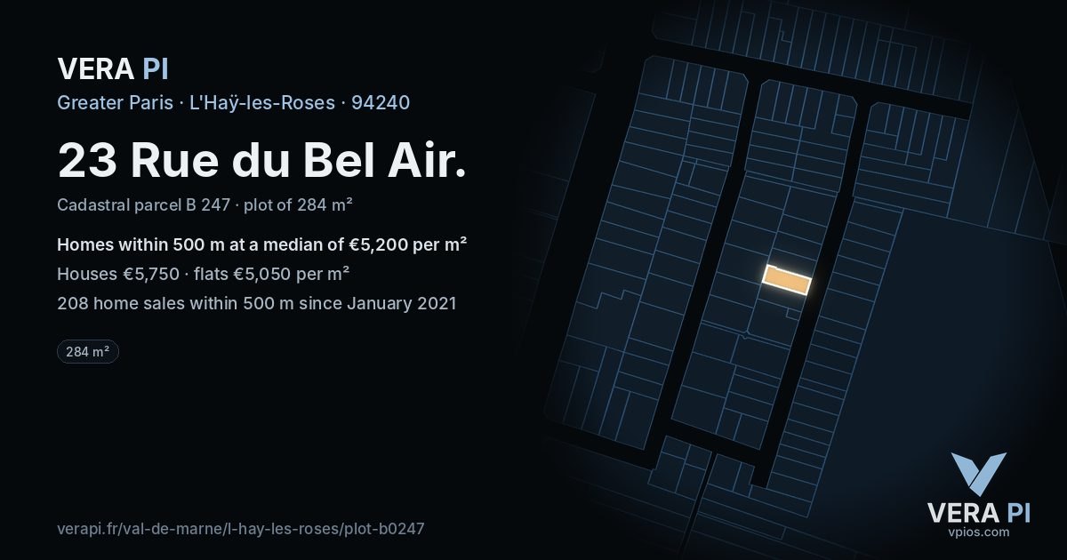23 Rue du Bel Air, L'Haÿ-les-Roses at night – the plot lit, the parcels around coloured by the prices near them