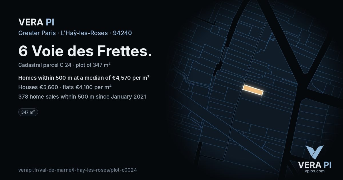 6 Voie des Frettes, L'Haÿ-les-Roses at night – the plot lit, the parcels around coloured by the prices near them