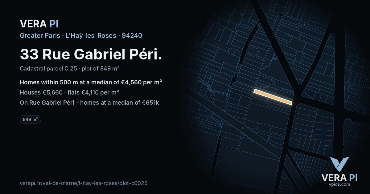 33 Rue Gabriel Péri, L'Haÿ-les-Roses at night – the plot lit, the parcels around coloured by the prices near them