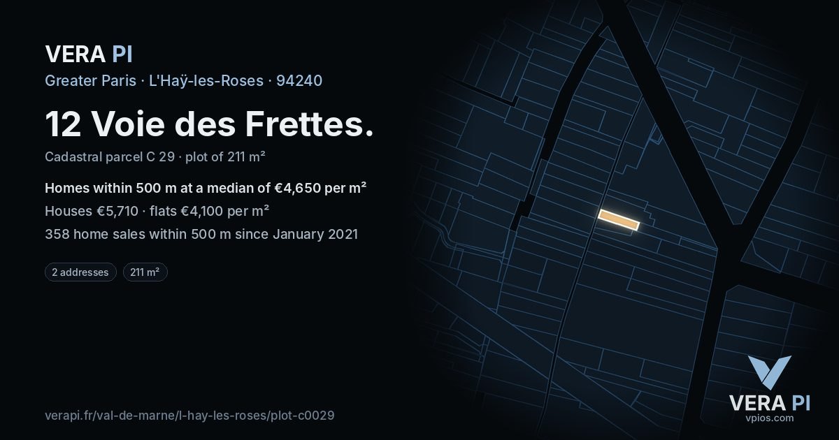 12 Voie des Frettes, L'Haÿ-les-Roses at night – the plot lit, the parcels around coloured by the prices near them