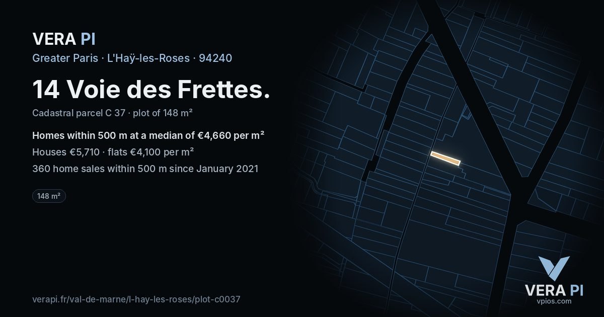 14 Voie des Frettes, L'Haÿ-les-Roses at night – the plot lit, the parcels around coloured by the prices near them