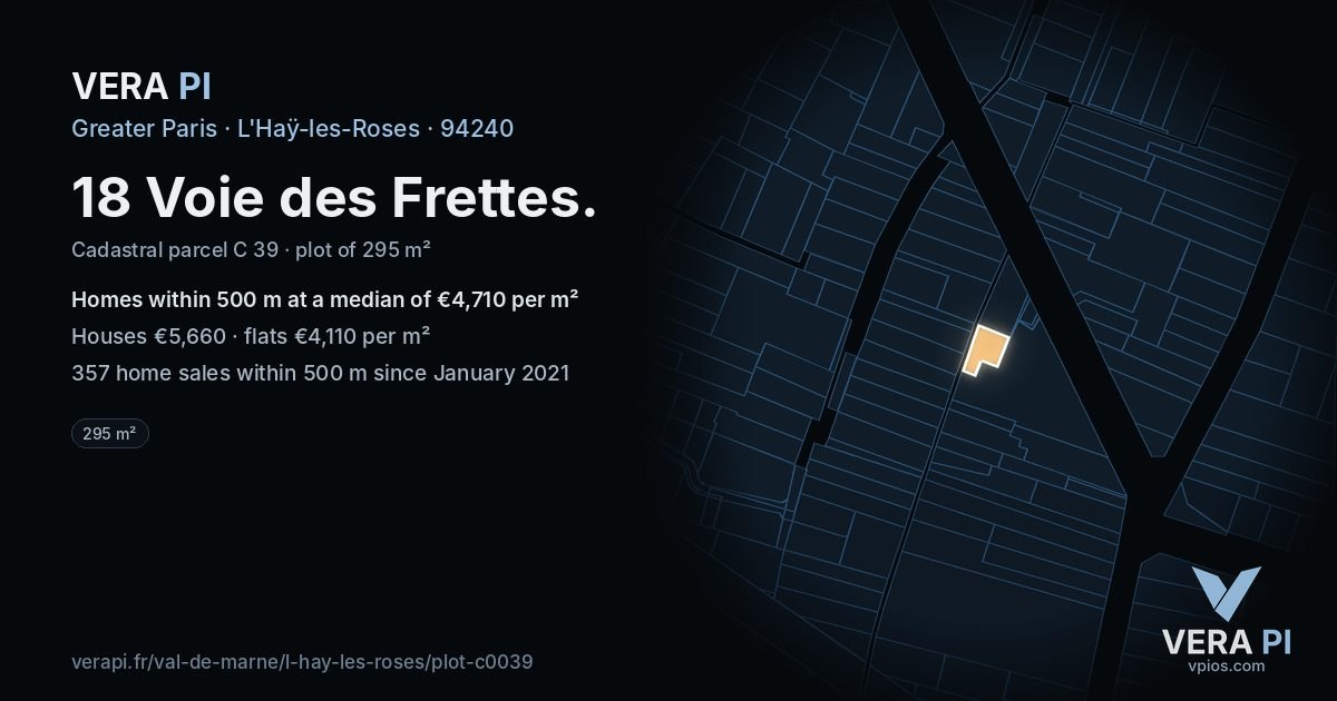 18 Voie des Frettes, L'Haÿ-les-Roses at night – the plot lit, the parcels around coloured by the prices near them