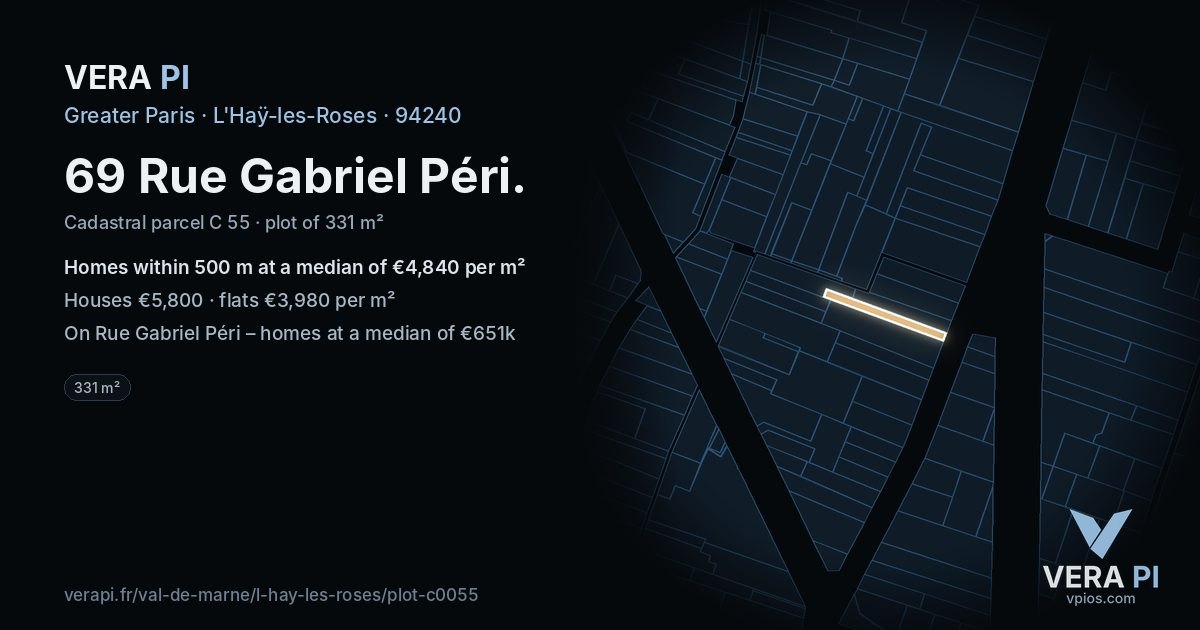 69 Rue Gabriel Péri, L'Haÿ-les-Roses at night – the plot lit, the parcels around coloured by the prices near them