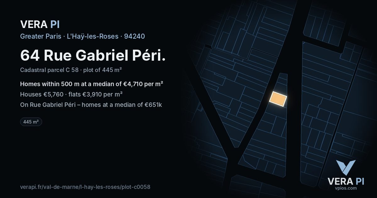 64 Rue Gabriel Péri, L'Haÿ-les-Roses at night – the plot lit, the parcels around coloured by the prices near them