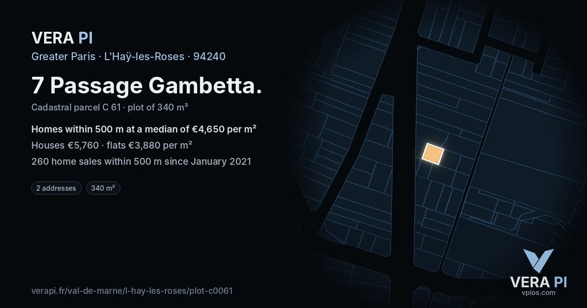7 Passage Gambetta, L'Haÿ-les-Roses at night – the plot lit, the parcels around coloured by the prices near them