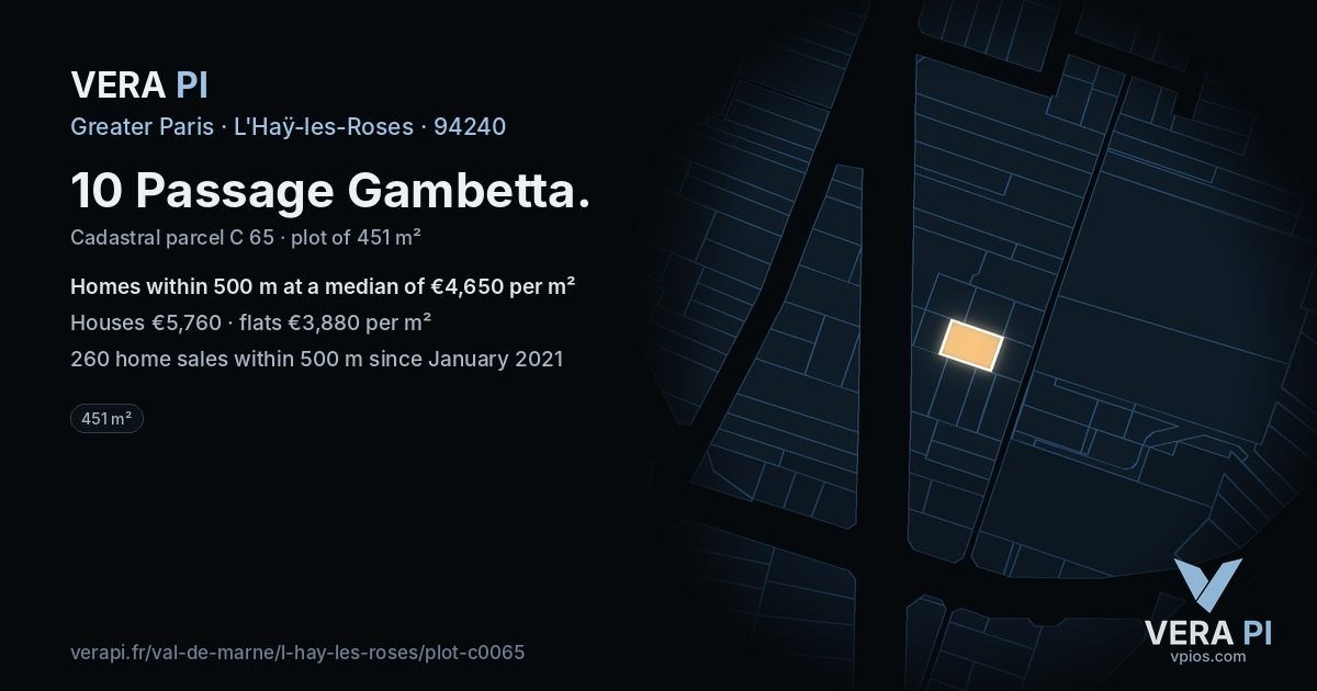 10 Passage Gambetta, L'Haÿ-les-Roses at night – the plot lit, the parcels around coloured by the prices near them