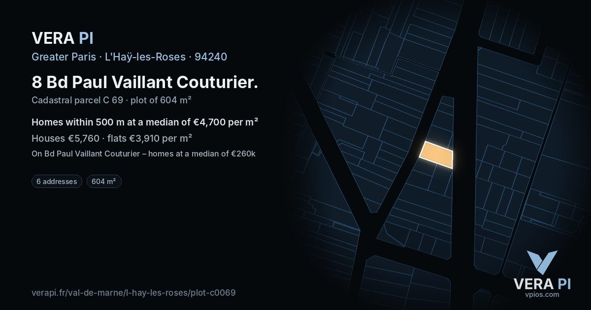 8 Bd Paul Vaillant Couturier, L'Haÿ-les-Roses at night – the plot lit, the parcels around coloured by the prices near them