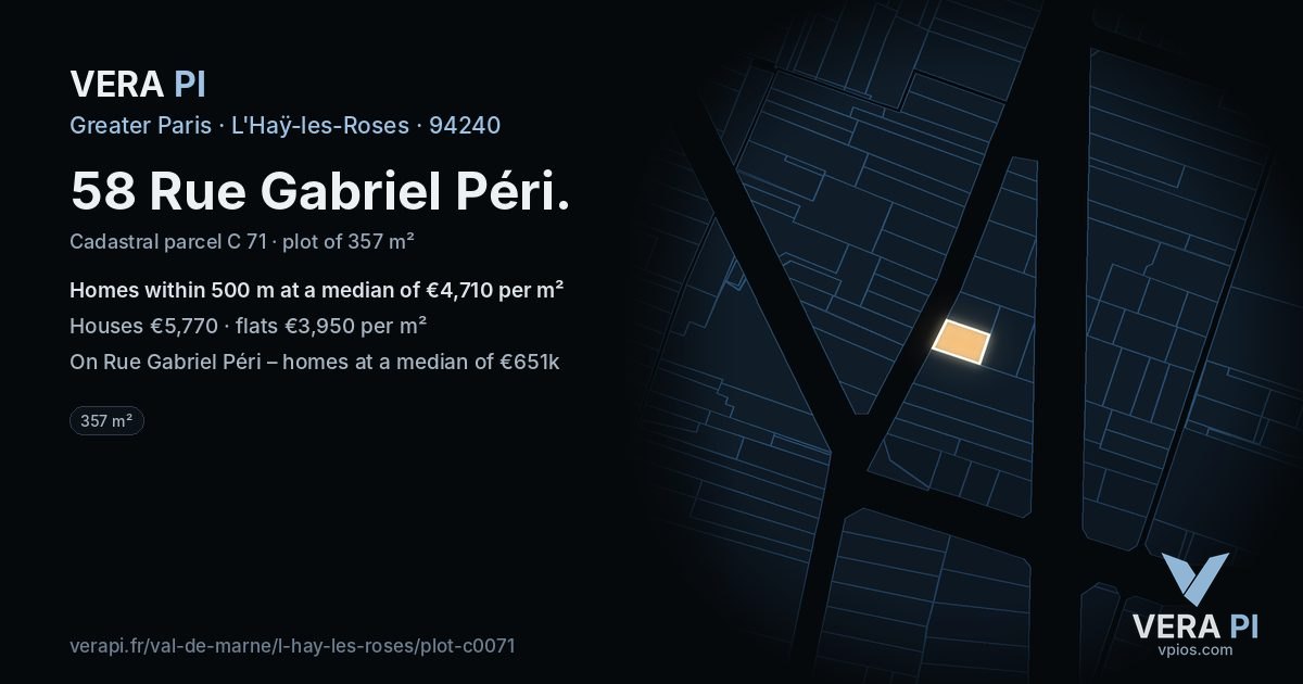 58 Rue Gabriel Péri, L'Haÿ-les-Roses at night – the plot lit, the parcels around coloured by the prices near them