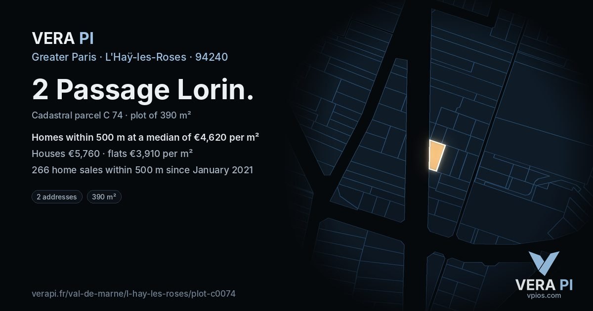 2 Passage Lorin, L'Haÿ-les-Roses at night – the plot lit, the parcels around coloured by the prices near them