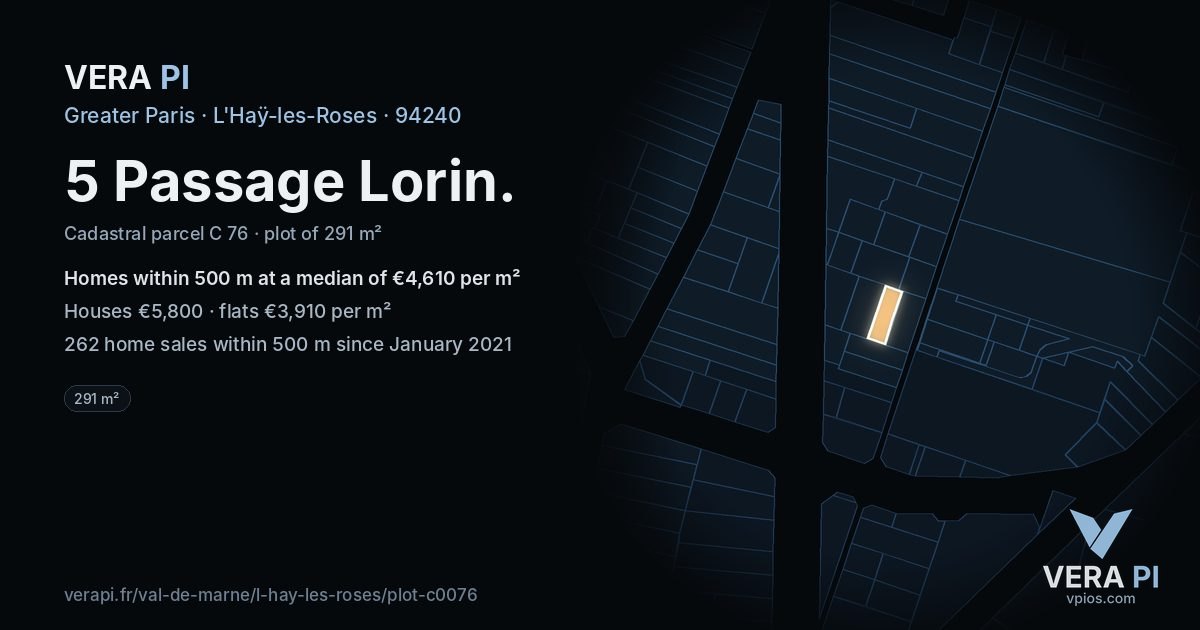 5 Passage Lorin, L'Haÿ-les-Roses at night – the plot lit, the parcels around coloured by the prices near them