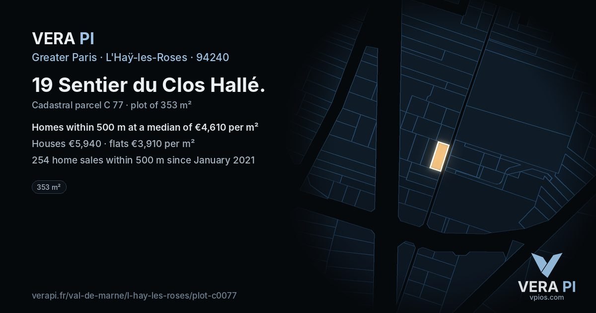 19 Sentier du Clos Hallé, L'Haÿ-les-Roses at night – the plot lit, the parcels around coloured by the prices near them