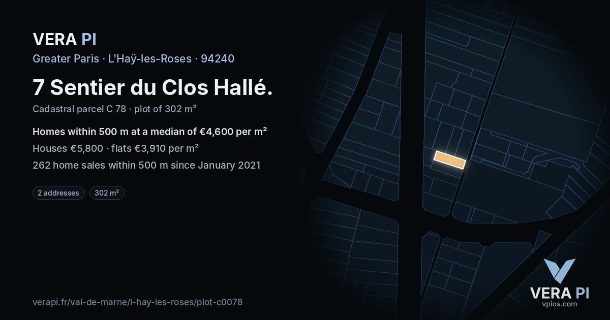 7 Sentier du Clos Hallé, L'Haÿ-les-Roses at night – the plot lit, the parcels around coloured by the prices near them