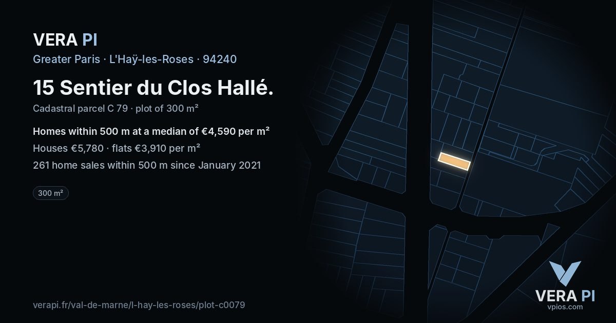 15 Sentier du Clos Hallé, L'Haÿ-les-Roses at night – the plot lit, the parcels around coloured by the prices near them