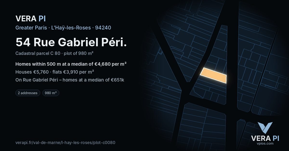 54 Rue Gabriel Péri, L'Haÿ-les-Roses at night – the plot lit, the parcels around coloured by the prices near them