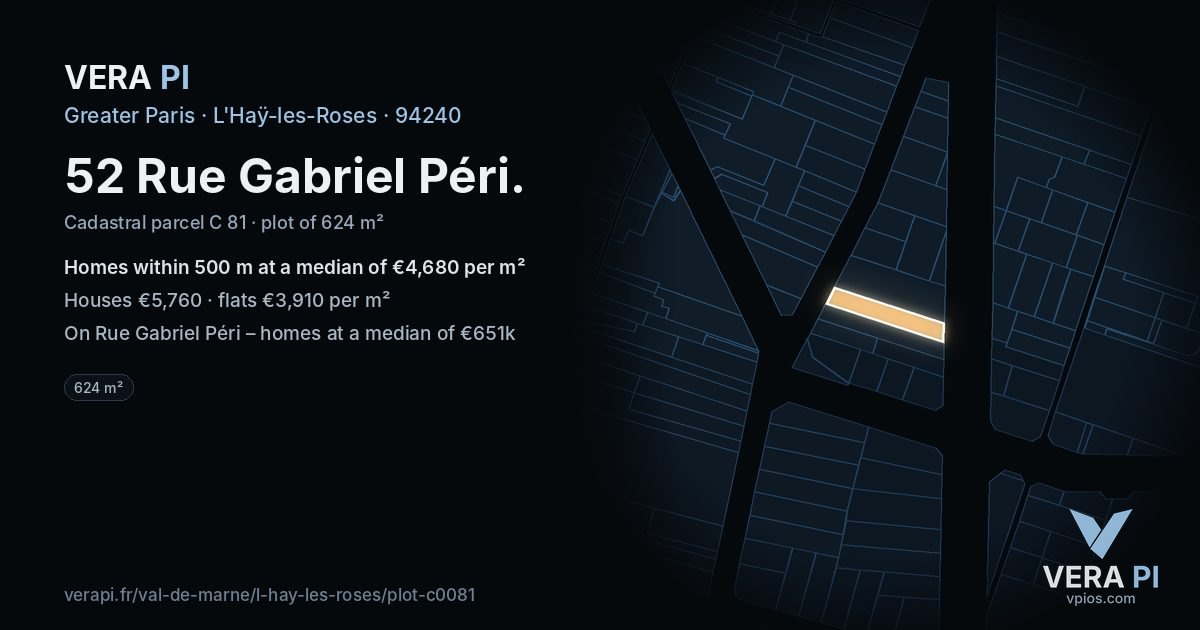 52 Rue Gabriel Péri, L'Haÿ-les-Roses at night – the plot lit, the parcels around coloured by the prices near them