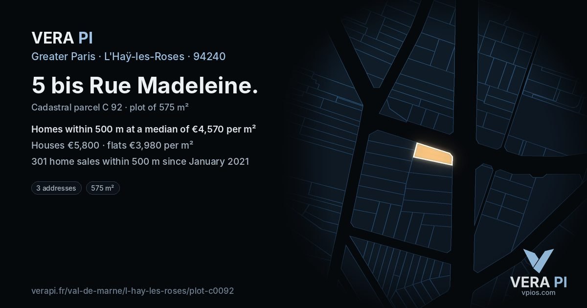 5 bis Rue Madeleine, L'Haÿ-les-Roses at night – the plot lit, the parcels around coloured by the prices near them