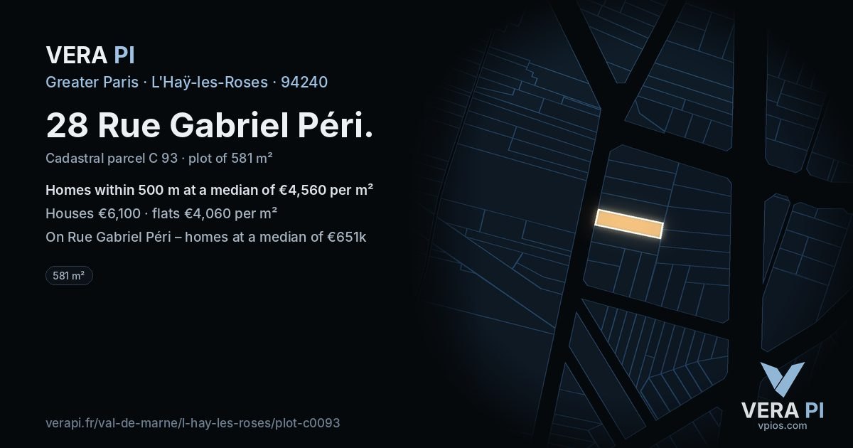 28 Rue Gabriel Péri, L'Haÿ-les-Roses at night – the plot lit, the parcels around coloured by the prices near them