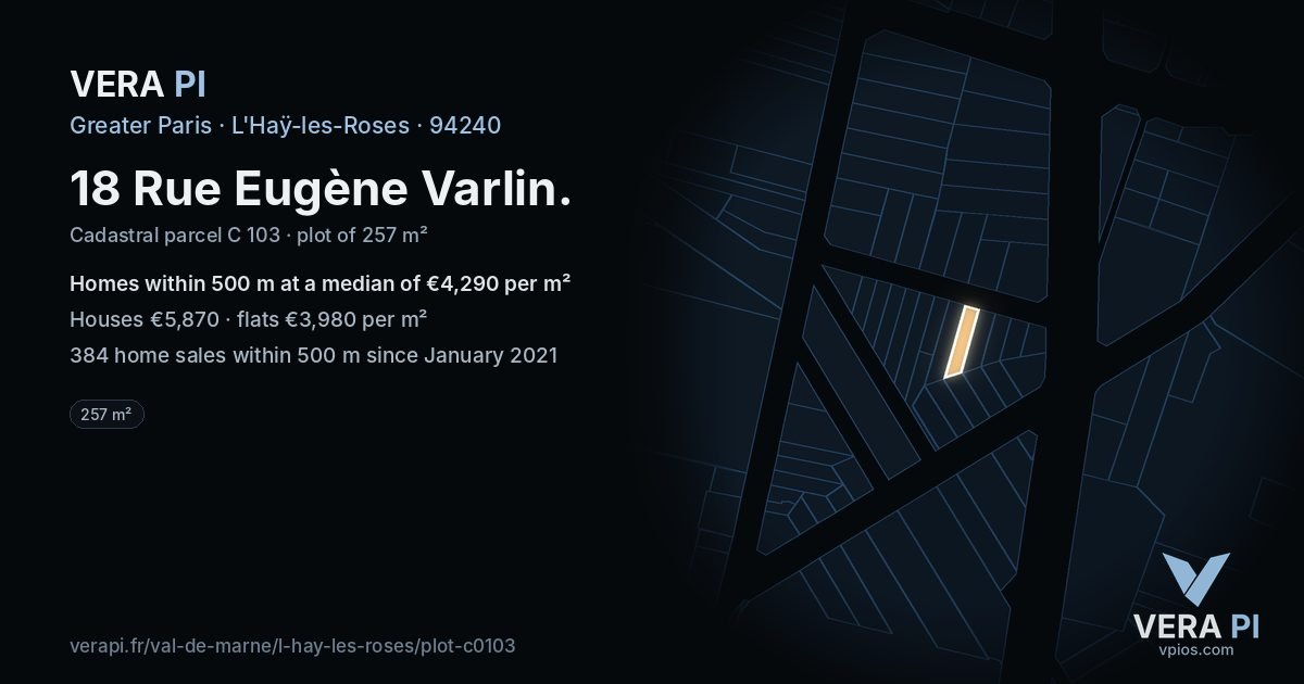 18 Rue Eugène Varlin, L'Haÿ-les-Roses at night – the plot lit, the parcels around coloured by the prices near them