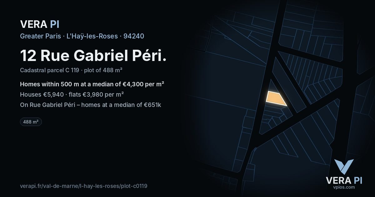 12 Rue Gabriel Péri, L'Haÿ-les-Roses at night – the plot lit, the parcels around coloured by the prices near them