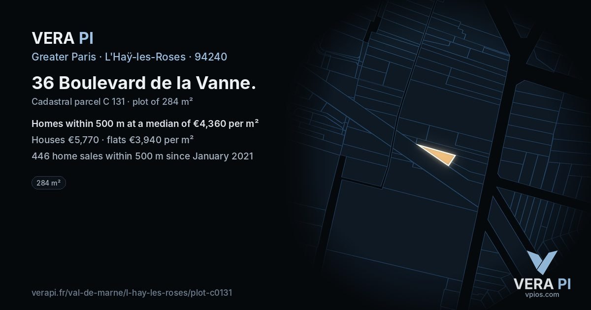 36 Boulevard de la Vanne, L'Haÿ-les-Roses at night – the plot lit, the parcels around coloured by the prices near them