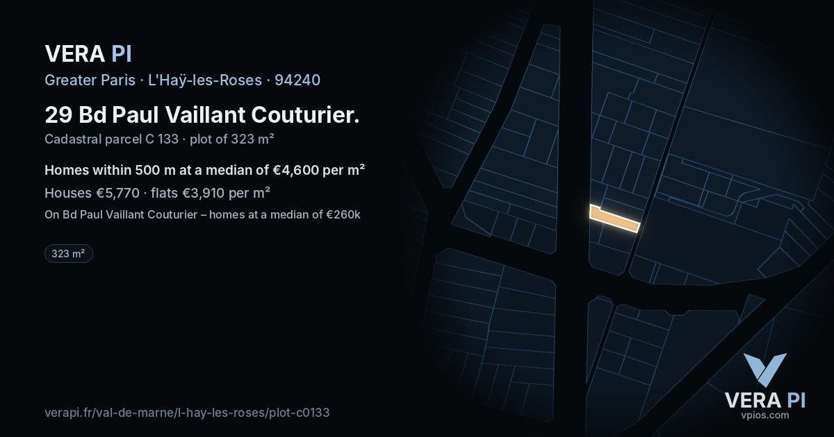 29 Bd Paul Vaillant Couturier, L'Haÿ-les-Roses at night – the plot lit, the parcels around coloured by the prices near them
