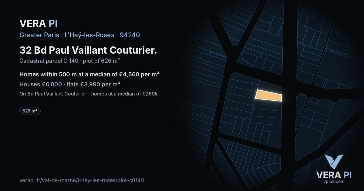 32 Bd Paul Vaillant Couturier, L'Haÿ-les-Roses at night – the plot lit, the parcels around coloured by the prices near them