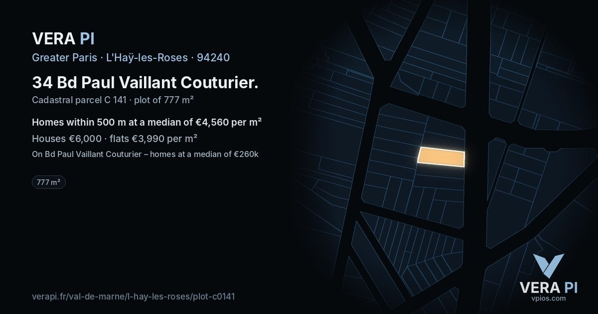34 Bd Paul Vaillant Couturier, L'Haÿ-les-Roses at night – the plot lit, the parcels around coloured by the prices near them