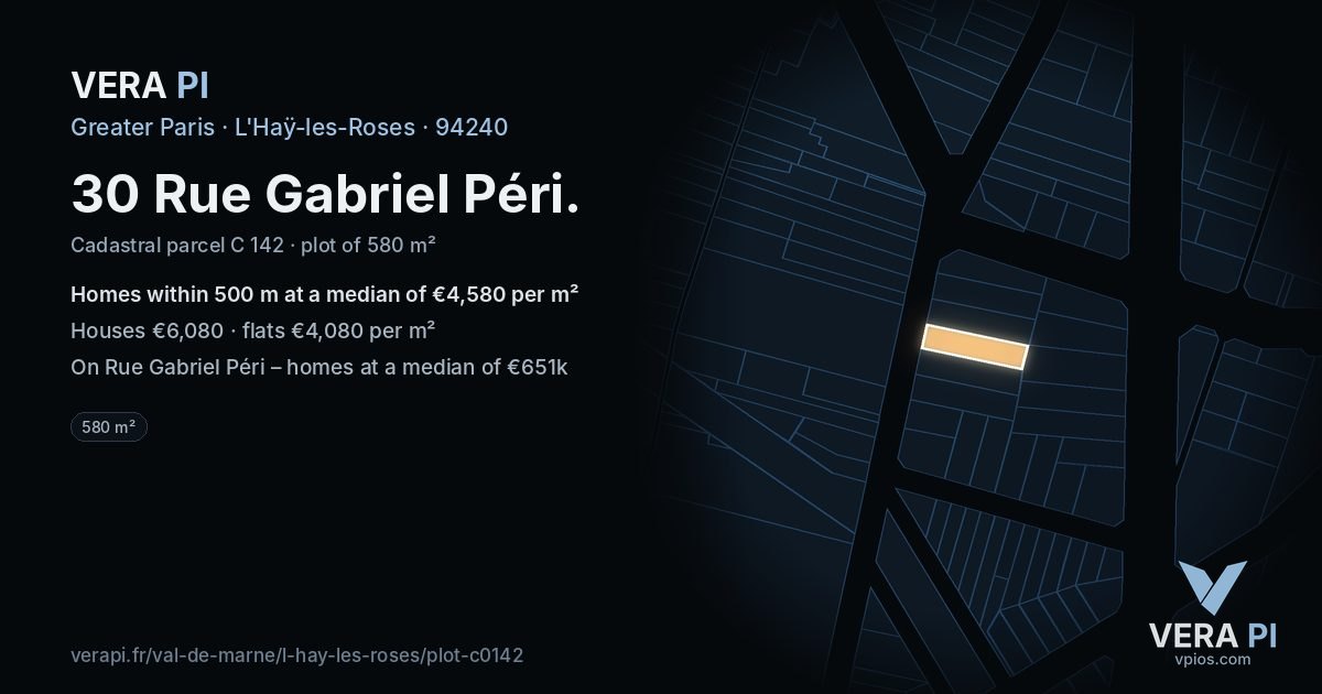 30 Rue Gabriel Péri, L'Haÿ-les-Roses at night – the plot lit, the parcels around coloured by the prices near them
