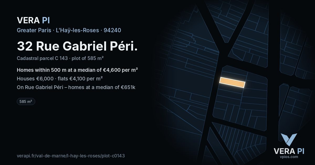 32 Rue Gabriel Péri, L'Haÿ-les-Roses at night – the plot lit, the parcels around coloured by the prices near them