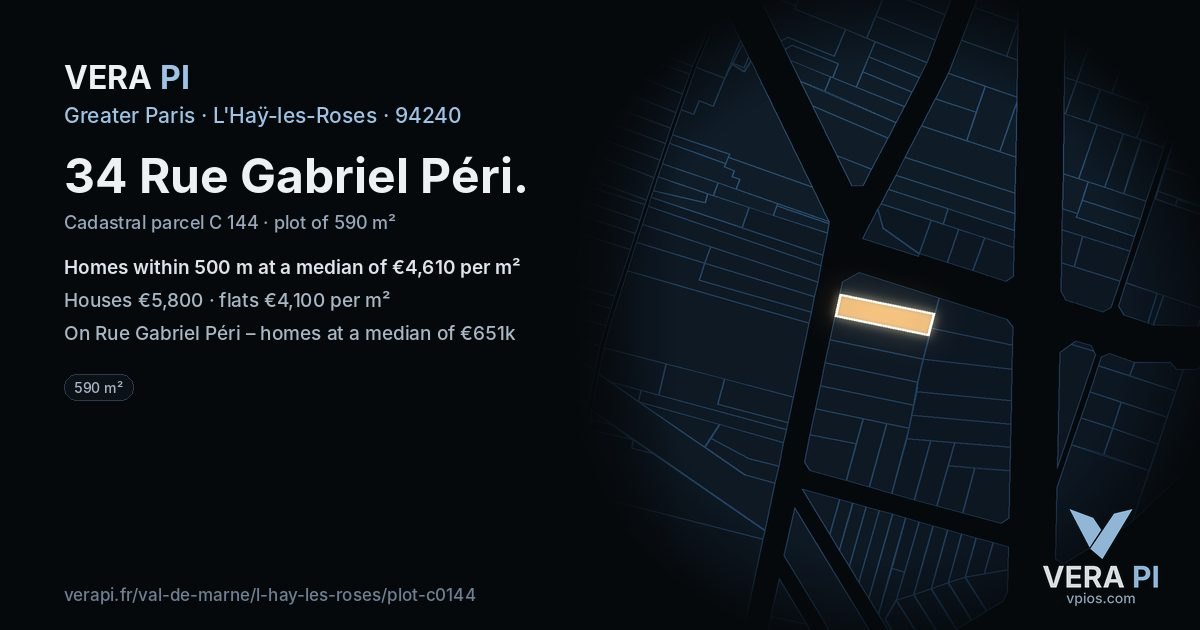 34 Rue Gabriel Péri, L'Haÿ-les-Roses at night – the plot lit, the parcels around coloured by the prices near them