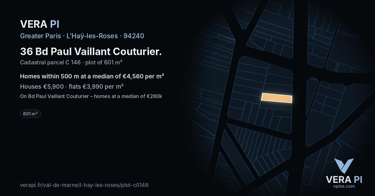 36 Bd Paul Vaillant Couturier, L'Haÿ-les-Roses at night – the plot lit, the parcels around coloured by the prices near them