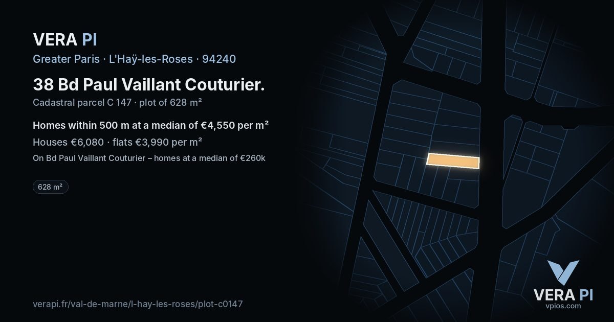 38 Bd Paul Vaillant Couturier, L'Haÿ-les-Roses at night – the plot lit, the parcels around coloured by the prices near them