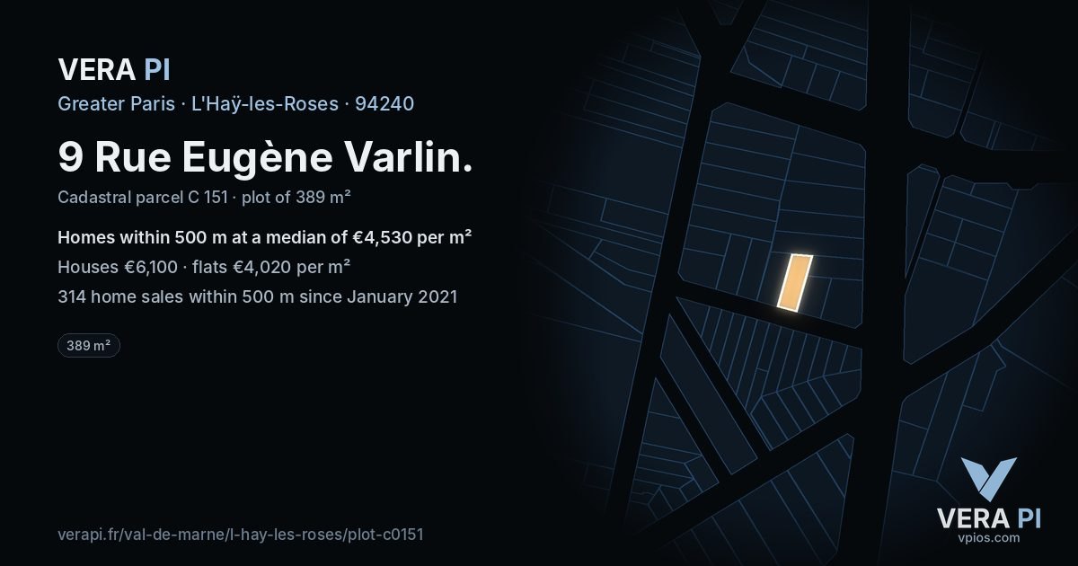 9 Rue Eugène Varlin, L'Haÿ-les-Roses at night – the plot lit, the parcels around coloured by the prices near them