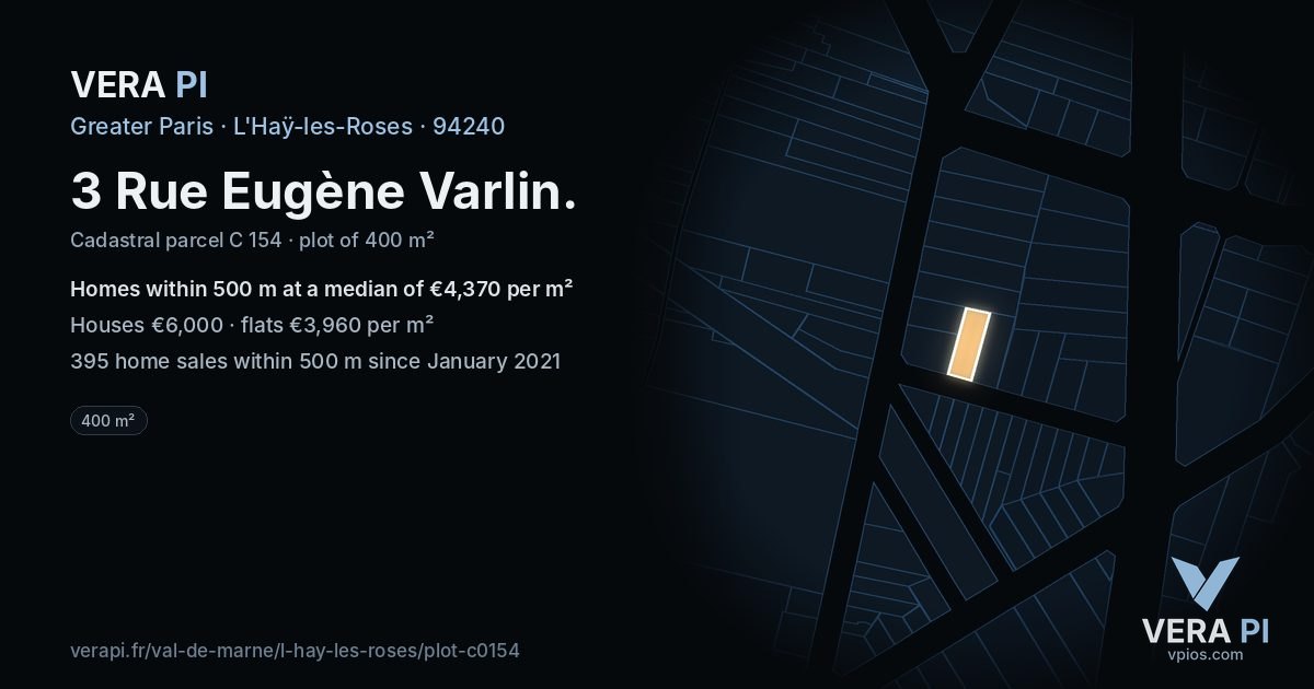 3 Rue Eugène Varlin, L'Haÿ-les-Roses at night – the plot lit, the parcels around coloured by the prices near them