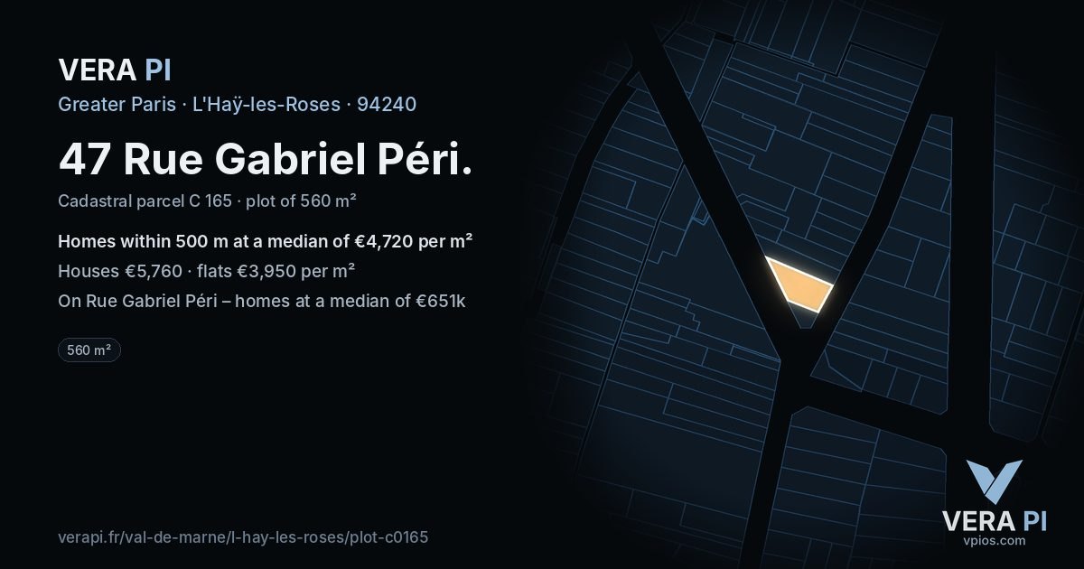 47 Rue Gabriel Péri, L'Haÿ-les-Roses at night – the plot lit, the parcels around coloured by the prices near them