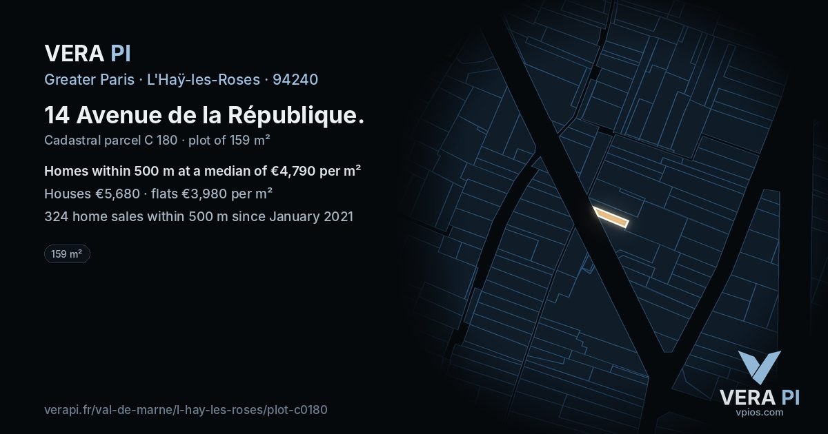 14 Avenue de la République, L'Haÿ-les-Roses at night – the plot lit, the parcels around coloured by the prices near them