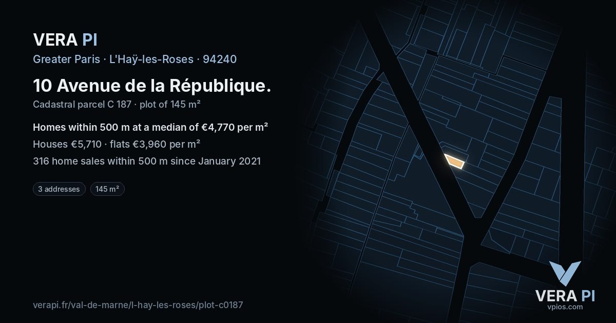 10 Avenue de la République, L'Haÿ-les-Roses at night – the plot lit, the parcels around coloured by the prices near them
