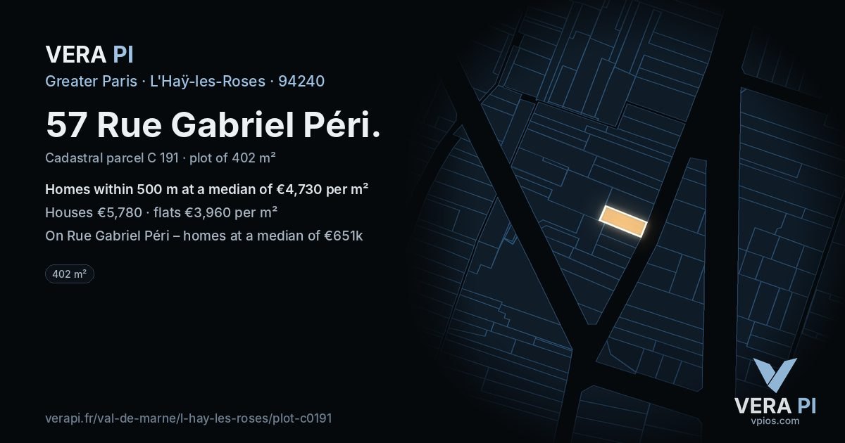 57 Rue Gabriel Péri, L'Haÿ-les-Roses at night – the plot lit, the parcels around coloured by the prices near them