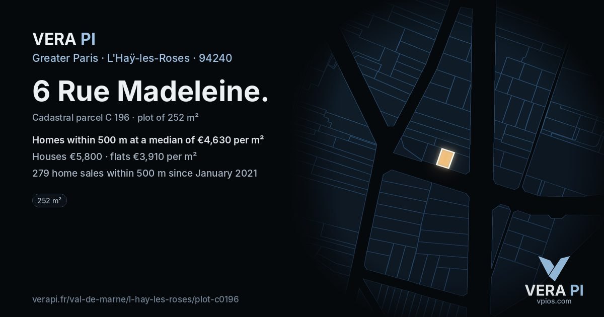 6 Rue Madeleine, L'Haÿ-les-Roses at night – the plot lit, the parcels around coloured by the prices near them