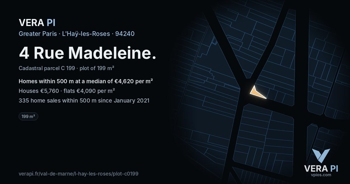 4 Rue Madeleine, L'Haÿ-les-Roses at night – the plot lit, the parcels around coloured by the prices near them