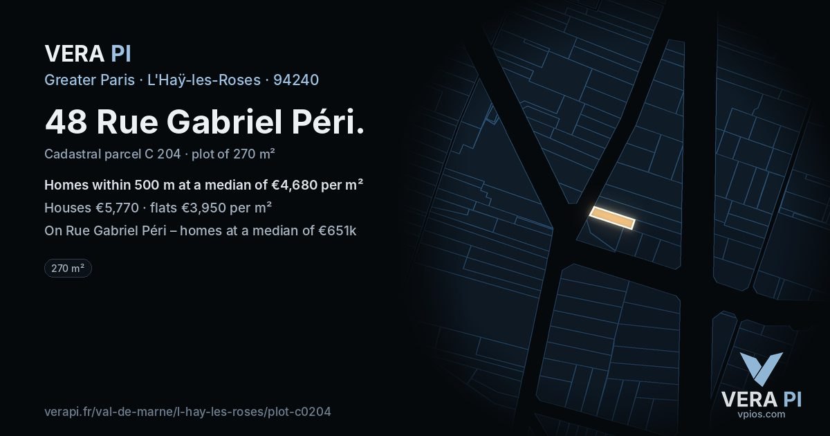 48 Rue Gabriel Péri, L'Haÿ-les-Roses at night – the plot lit, the parcels around coloured by the prices near them