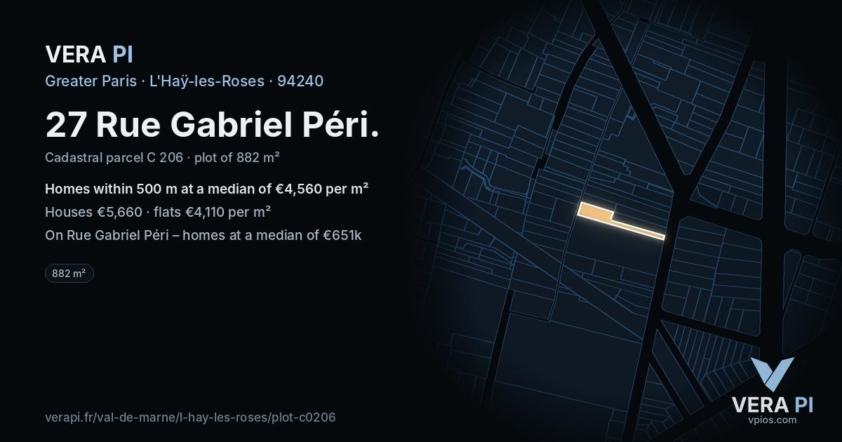 27 Rue Gabriel Péri, L'Haÿ-les-Roses at night – the plot lit, the parcels around coloured by the prices near them