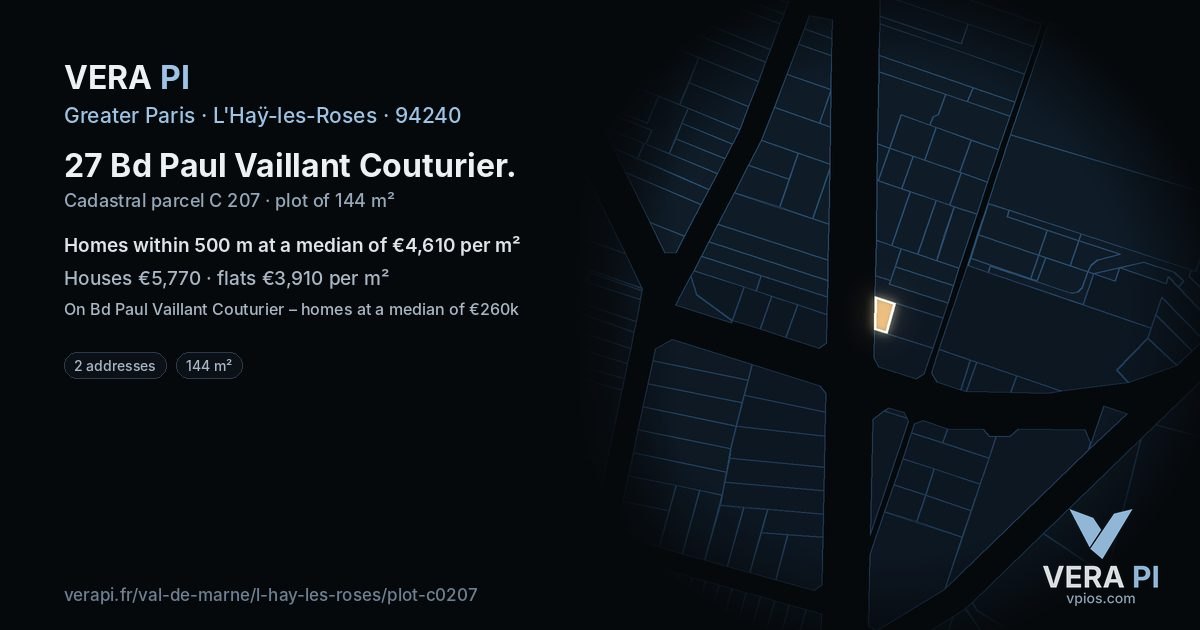 27 Bd Paul Vaillant Couturier, L'Haÿ-les-Roses at night – the plot lit, the parcels around coloured by the prices near them