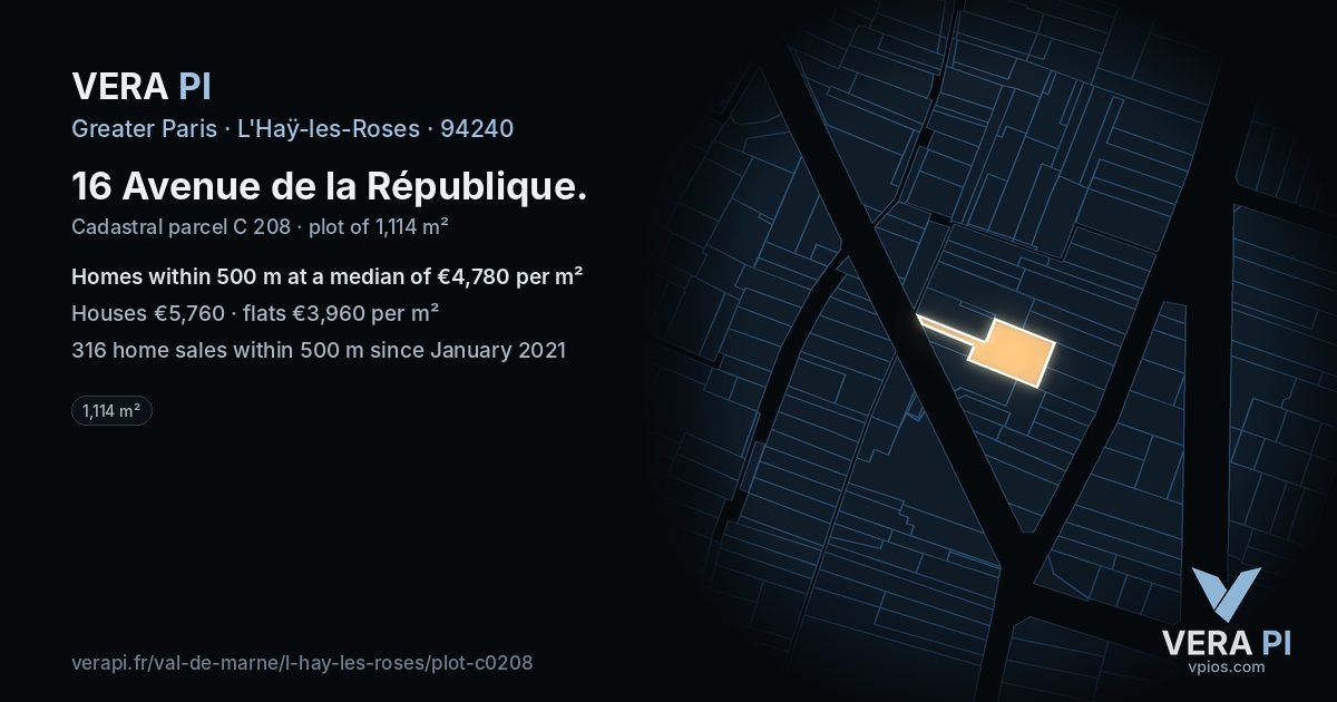 16 Avenue de la République, L'Haÿ-les-Roses at night – the plot lit, the parcels around coloured by the prices near them