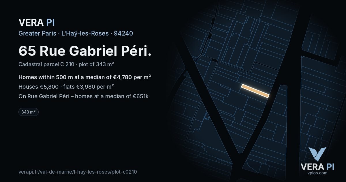 65 Rue Gabriel Péri, L'Haÿ-les-Roses at night – the plot lit, the parcels around coloured by the prices near them